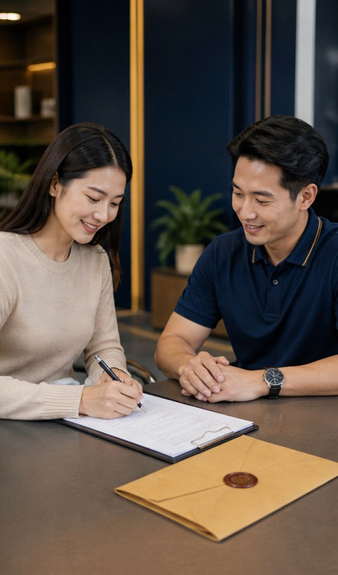 ลูกค้าลงนามในสัญญาจำนำรถและรับเงินสด
